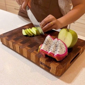 Handmade End-Grain Teak Cutting Board, Large Butcher Block, Checkerboard Pattern (30x20cm / 12x8 Inch)
