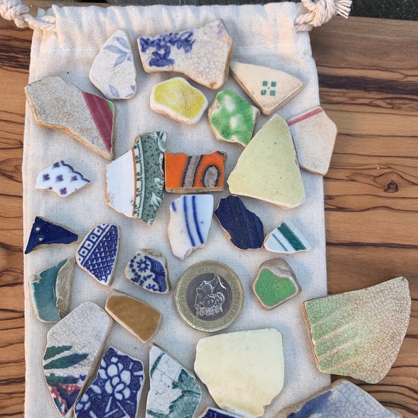 A collection of sea pottery pieces found on the beaches of Pembrokeshire / collectors item / mosaic / vintage / beachcomber