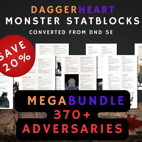 370+ Daggerheart Adversaries Mega Bundle: ALLA DnD 5e 2014 Monster Manualkonvertering (PDF-nedladdning)