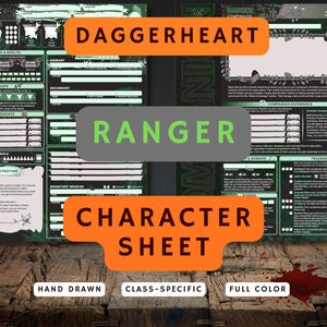 May include: A full-color character sheet for the Daggerheart Ranger class, featuring a detailed layout with sections for damage, health, experience, and inventory. The sheet includes the text "Daggerheart," "Ranger," and "Character Sheet."