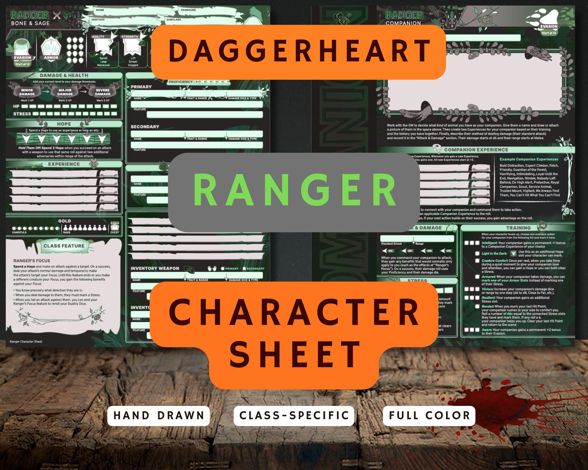 Ranger Class Daggerheart Character Sheet | Printable & Fillable PDF ...