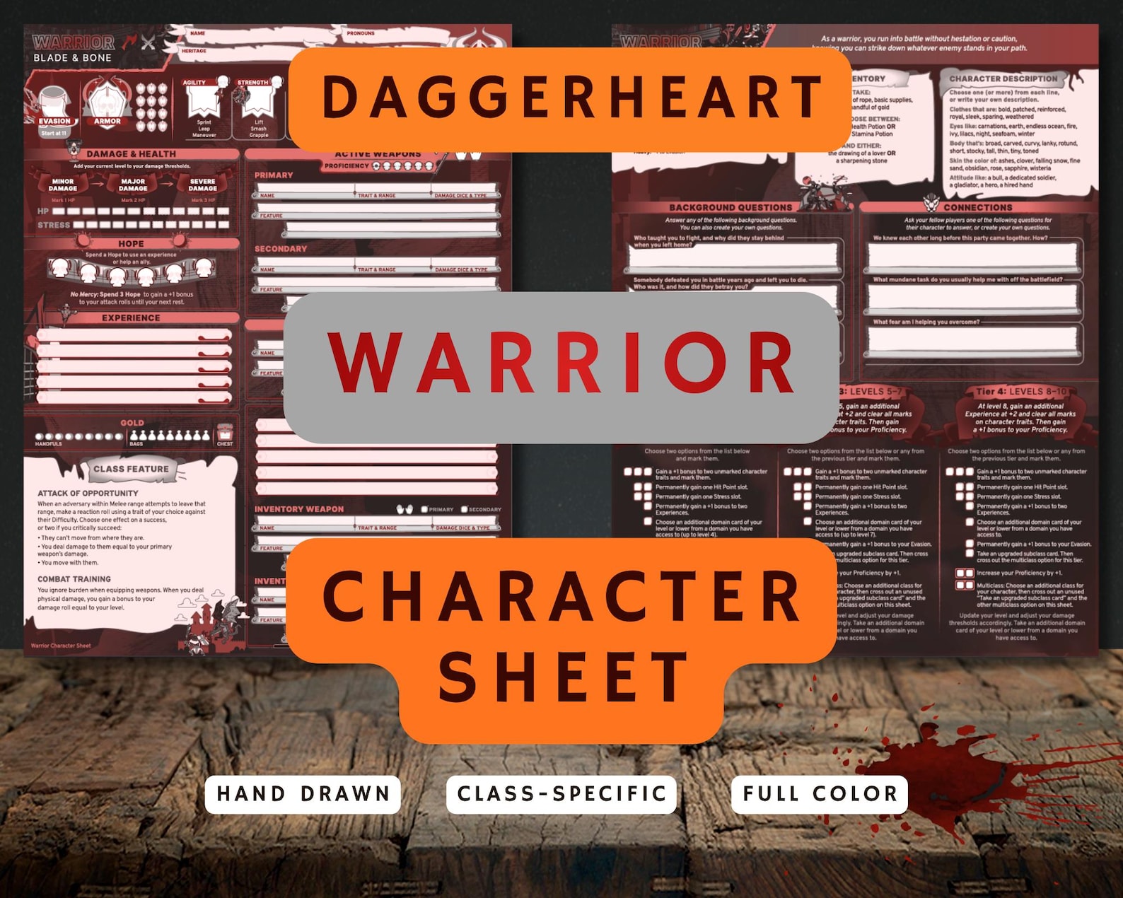 Warrior Class Daggerheart Character Sheet | Printable & Fillable PDF ...
