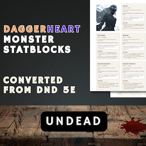 May include: Image of Daggerheart Monster Statblocks converted from DND 5E. The text "Undead" is displayed on a black rectangle. The background is a wooden table with a blood splatter.