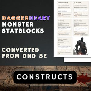 Può includere: Immagine di Daggerheart Monster Statblocks convertiti da DND 5E. Il testo include "Constructs" e vari nomi di mostri. Lo sfondo è una superficie scura con una trama di legno.