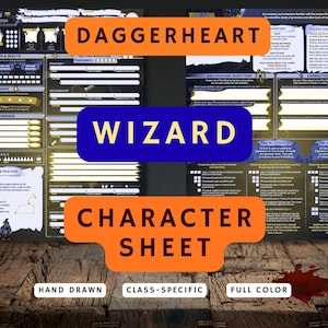 May include: A full-color character sheet for the Daggerheart Wizard class. The sheet features sections for damage, health, experience, and inventory. The text "WIZARD" is in a blue rectangle, and "DAGGERHEART" and "CHARACTER SHEET" are in orange rectangles. The sheet is hand-drawn.