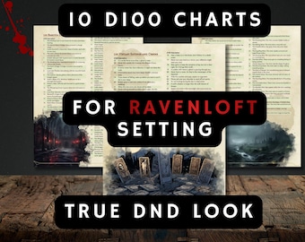 May include: A collection of 10 D100 charts for a Ravenloft setting, with the text "True DND Look". The image features a dark, gothic aesthetic with illustrations of a graveyard and a misty landscape. The charts are designed for tabletop role-playing games.