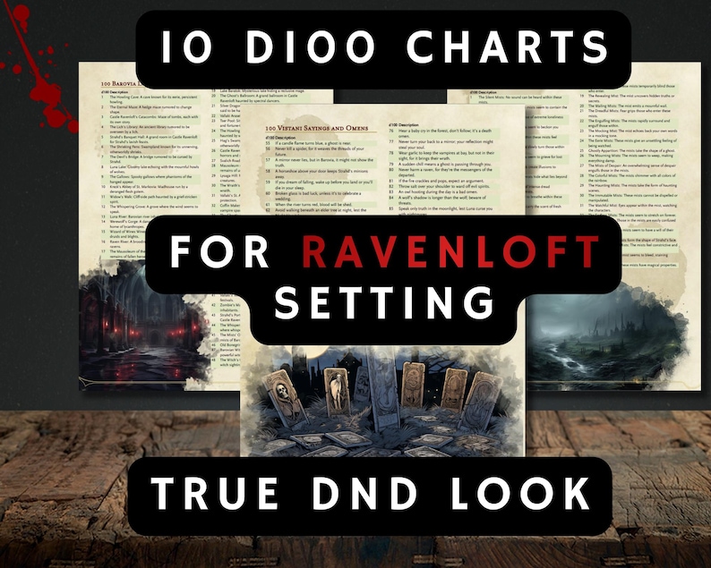May include: A collection of 10 D100 charts for a Ravenloft setting, with the text "True DND Look". The image features a dark, gothic aesthetic with illustrations of a graveyard and a misty landscape. The charts are designed for tabletop role-playing games.