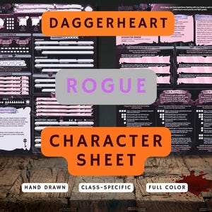 May include: A character sheet for the Daggerheart role-playing game. The sheet features sections for damage, health, experience, and inventory. The word "ROGUE" is displayed in a light purple rectangle. The words "CHARACTER SHEET" are in an orange rectangle.
