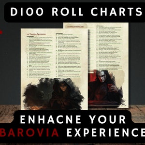 May include: A pair of D100 roll charts with text, including "100 Tarokka Prophecies" and "100 Strahd's Phrases." The image features dark fantasy art and the text "Enhance Your Barovia Experience."