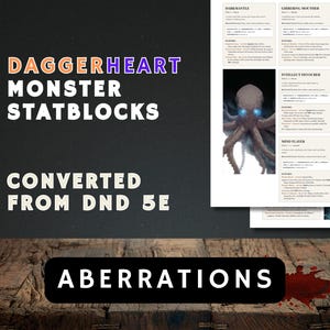 May include: Image of a Daggerheart Monster Statblocks document converted from DND 5E. The document features Aberrations and includes illustrations of monsters like an octopus with glowing blue eyes.