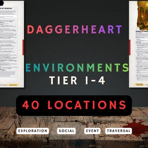 May include: An advertisement for Daggerheart Environments Tier 1-4, with two pages of text and illustrations. The title "Daggerheart" is in purple and pink, with "Environments" in green and "Tier 1-4" in white. The image also includes "40 Locations" in red.