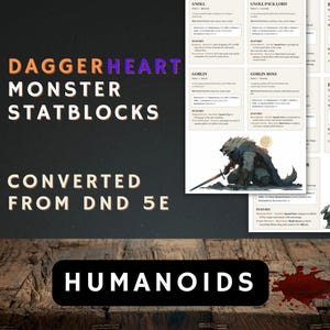 Puede incluir: Una impresión digital con bloques de estadísticas de monstruos D&D 5E de Daggerheart, incluyendo Gnoll, Goblin, Bugbear y Drow. La imagen incluye el texto "DAGGERHEART MONSTER STATBLOCKS CONVERTED FROM DND 5E" y "HUMANOIDS".