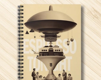Może przedstawiać: Ilustracja w stylu vintage latającego spodka z budynkiem w środku. Spodek unosi się nad grupą ludzi siedzących przy stole. Tekst "Espresso Tonight" jest napisany dużymi literami na obrazie.