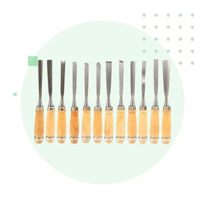 May include: A set of wood carving chisels with wooden handles and silver blades. The chisels are arranged in a row, showcasing various blade shapes for detailed woodworking projects. The handles are light brown, and the blades are silver.