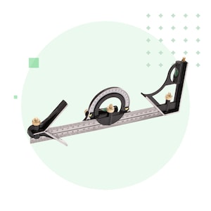 May include: A black metal protractor with a silver ruler and a level. The protractor has a 360-degree scale and a 45-degree angle.