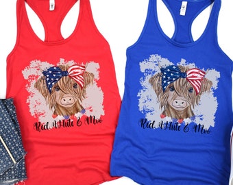 Highland 4th of July Cow Tank, Patriotic Western Tank, Country Tank Top, Cow T-shirt, Farm Life, Country Girl, Cowgirl Shirt, Rodeo Tank