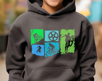 Mountain Biking Youth Hoodie, Action Jumps Gears Bicycle Design Mountain Bike Ride Adventure Sweatshirt, Gift for Teen Biking Enthusiast