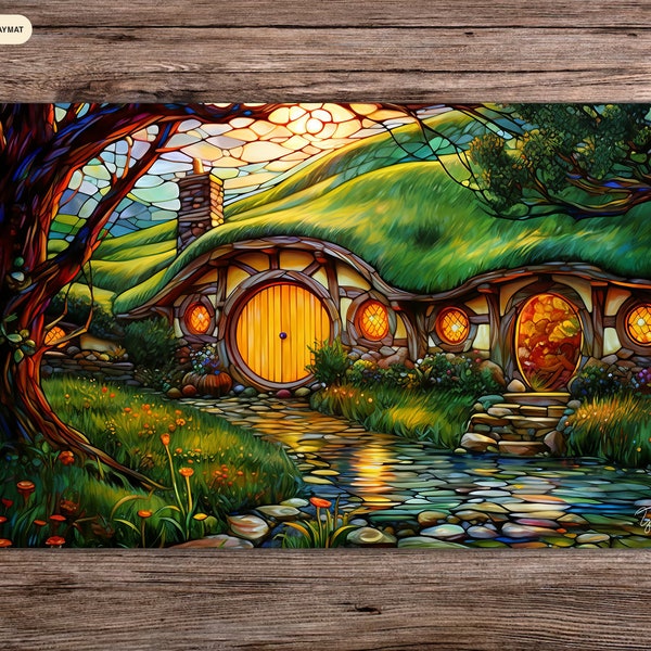 The Shire Stained Glass - MTG Playmat - 24 x 14 inches - MTG Gifts - Magic The Gathering Gifts - Stitched Playmat