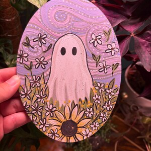 Whisper in Wildflowers | Hand-painted ghost art, spooky floral wall decor, whimsical ghost painting
