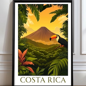 Costa Rica Poster Costa Rica Wall Art Toucan in Rainforest Jungle  Wall Art Costa Rica Travel Print Mount Arenal volcano print Mt Arenal