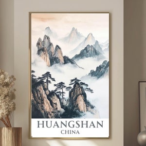 Huangshan mountains Poster Huangshan Mountains travel print Huangshan Chinese watercolor style travel print