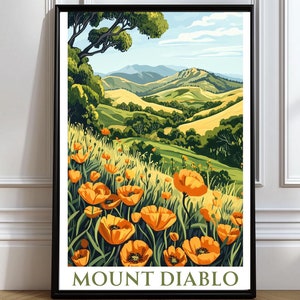 Mount Diablo with oak trees and California Poppies - Poster Mount Diablo Wall Art California Decor Home Decor