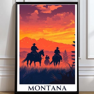 Montana travel print with silhouette of cowboys Montana cowboy gift Montana cowboys riding into the sunset