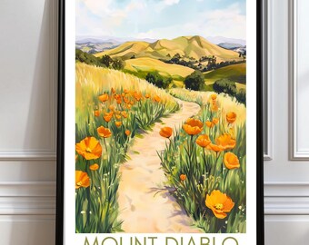 Mount Diablo trails poster Mt. Diablo travel poster Mount Diablo Travel Print with California Golden Poppies Mount Diabl Wall Art