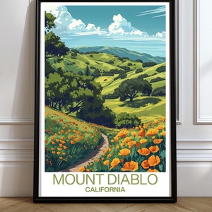 Mount Diablo with oak trees and California Poppies - Poster Mount Diablo Wall Art California Decor Home Decor