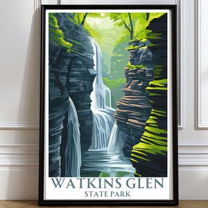 Póster de Watkins Glen Parque estatal de Watkins Glen en el norte del estado de Nueva York Arte mural de Watkins Glen Impresión de viaje de Watkins Glen