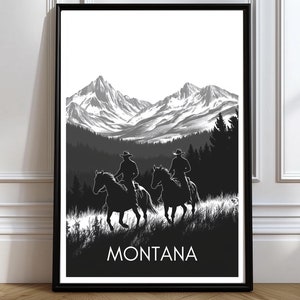 Montana travel print with silhouette of cowboys Montana cowboy gift Montana cowboys riding into the sunset
