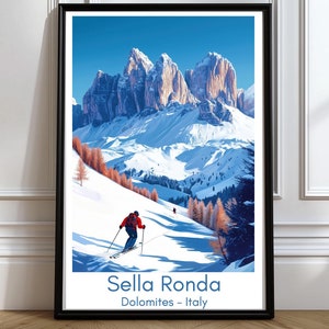Könnte beinhalten: Ein Vintage-Reiseposter mit einem Skifahrer auf einer schneebedeckten Bergabfahrt mit Blick auf die Sella-Ronda-Bergkette in den Dolomiten, Italien. Das Poster trägt den Text "Sella Ronda Dolomiten - Italien".