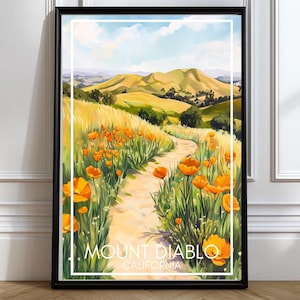 Mount Diablo trails poster Mt. Diablo travel poster Mount Diablo Travel Print with California Golden Poppies Mount Diabl Wall Art