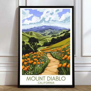 Mount Diablo trails poster Mt. Diablo travel poster Mount Diablo Travel Print with California Golden Poppies Mount Diabl Wall Art