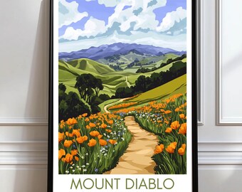 Mount Diablo trails poster Mt. Diablo travel poster Mount Diablo Travel Print with California Golden Poppies Mount Diabl Wall Art