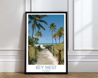 May include: A framed illustration of a pathway leading to a beach in Key West, Florida. The pathway is lined with palm trees and the ocean is visible in the background. The text "KEY WEST FLORIDA" is printed at the bottom of the illustration.