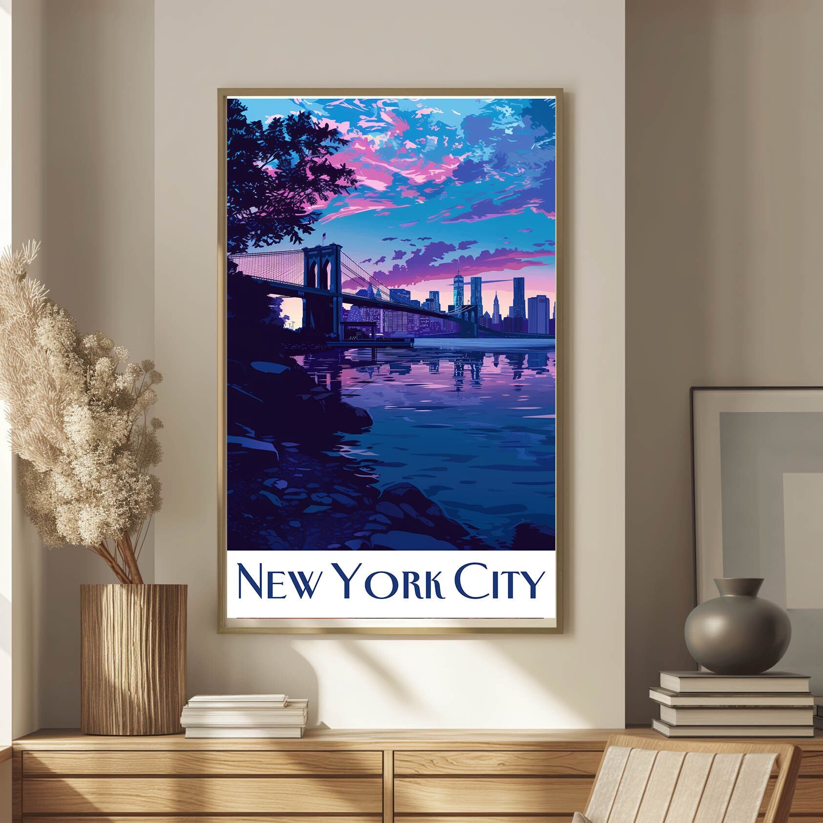 New York City Travel Poster With Brooklyn Bridge NYC Lover Wall Art ...