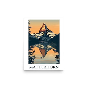 May include: A vintage-style illustration of the Matterhorn mountain in Switzerland, with a reflection in a lake in the foreground. The mountain is a sharp peak with snow on top, and the lake is a deep blue colour. The sky is a vibrant orange and pink, suggesting a sunset.
