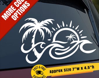 Palm Tree Ocean Wave Sunset Decal Tropical Beach Sticker Coastal Car Laptop Vinyl Island Vibes Aesthetic Surf Lover Gift