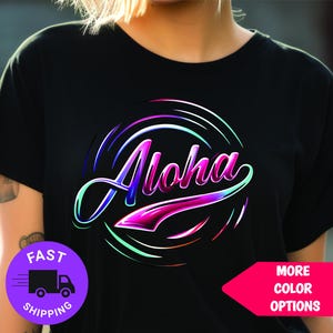 Retro Aloha T-Shirt | Hawaiian Neon Script Tee | Tropical Vacation Shirt | Colorful Island Vibes Summer Beachwear
