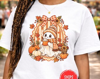 Cute Fall Ghost Shirt Halloween Ghost Tee Autumn Spooky Shirt Adorable Ghost Graphic Tee Cozy Fall Outfit Halloween Gift Comfort Colors