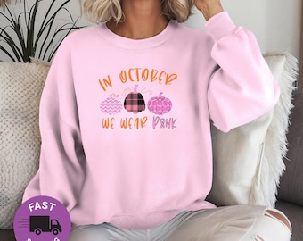 Pink Pumpkin Breast Cancer Awareness T-Shirt, In October We Wear Pink Tee, Pink Ribbon Halloween Pumpkin Shirt