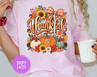 Thankful Fall Bow Shirt Thanksgiving Tee Cute Bow Autumn Shirt Girly Fall Graphic Tee Grateful Shirt Thanksgiving Fall Outfit Comfort Colors