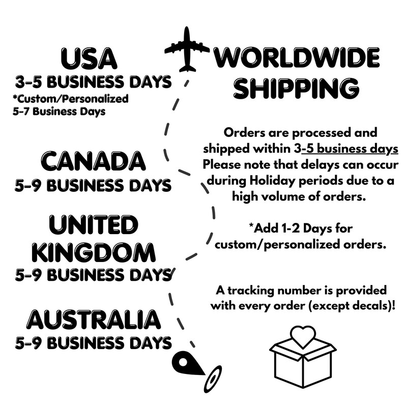 The image is a black and white illustration depicting the shipping times and business days for various countries, including the USA, Canada, the United Kingdom, Australia, and the rest of the world.