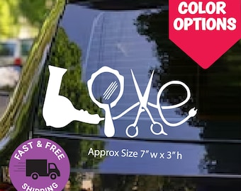 ヘアスタイリストLOVE デカール ヘアサロン ビニールステッカー 車、ノートパソコン、鏡、窓用 | スタイリストへのかわいい美容師ギフト