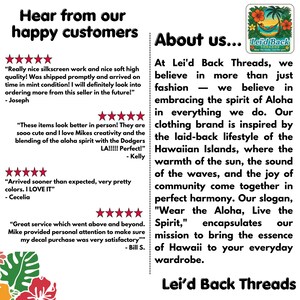 The image is a collage of two photos. The left photo shows a person wearing a shirt with a palm tree design, and the right photo shows a person wearing a shirt with a Hawaiian island design.