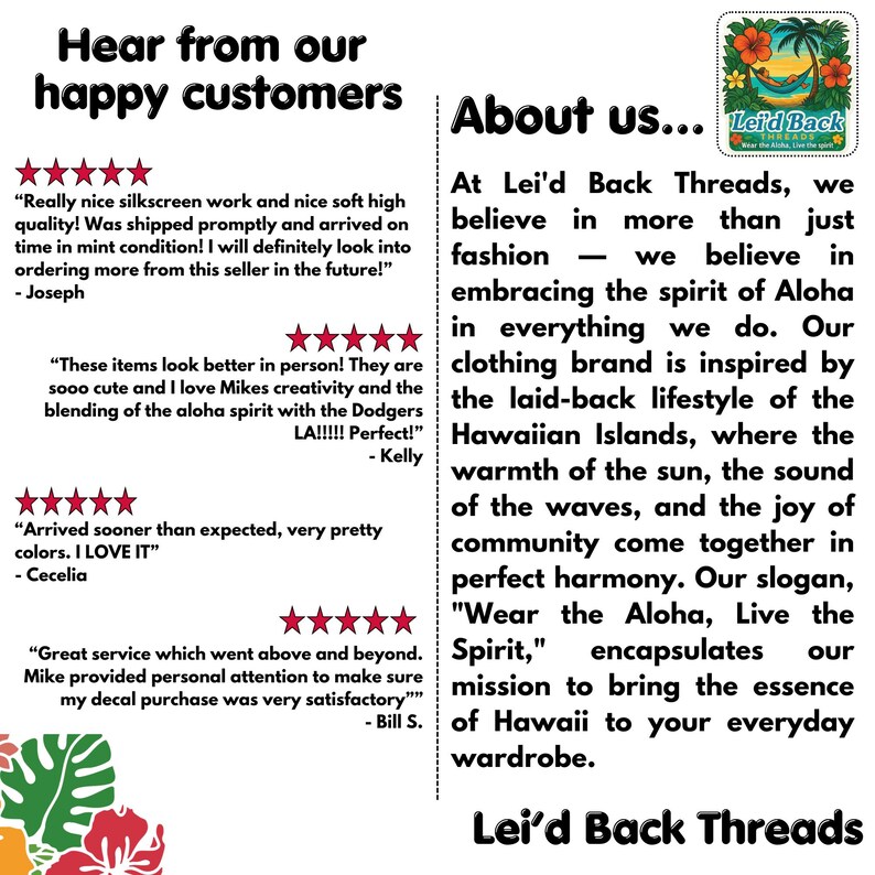The image is a collage of two photos. The left photo shows a person wearing a shirt with a palm tree design, and the right photo shows a person wearing a shirt with a Hawaiian island design.