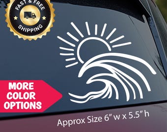 Hawaiian Wave Car Decal, Surf Sun Ocean Vinyl Sticker, Tropical Wave Graphic, Polynesian Sea Design Window Decal, Island Vibes Car Art