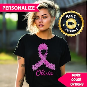 Personalized Pink Glitter Ribbon Breast Cancer Awareness T-Shirt
