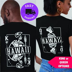 Hawaiian Tee Shirt of King Kamehameha as King of Hearts or Queen Liliʻuokalani as Queen of Hearts - Royal Legacy on a Unique Cotton Tee